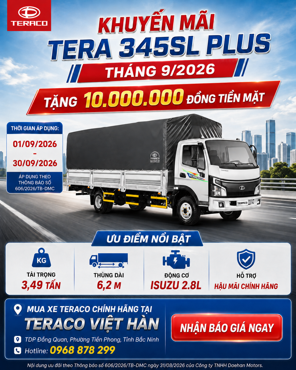 Tera 345 SL Plus – Xe tải 3.5 tấn thùng dài, rộng 2m18, vận hành mạnh mẽ