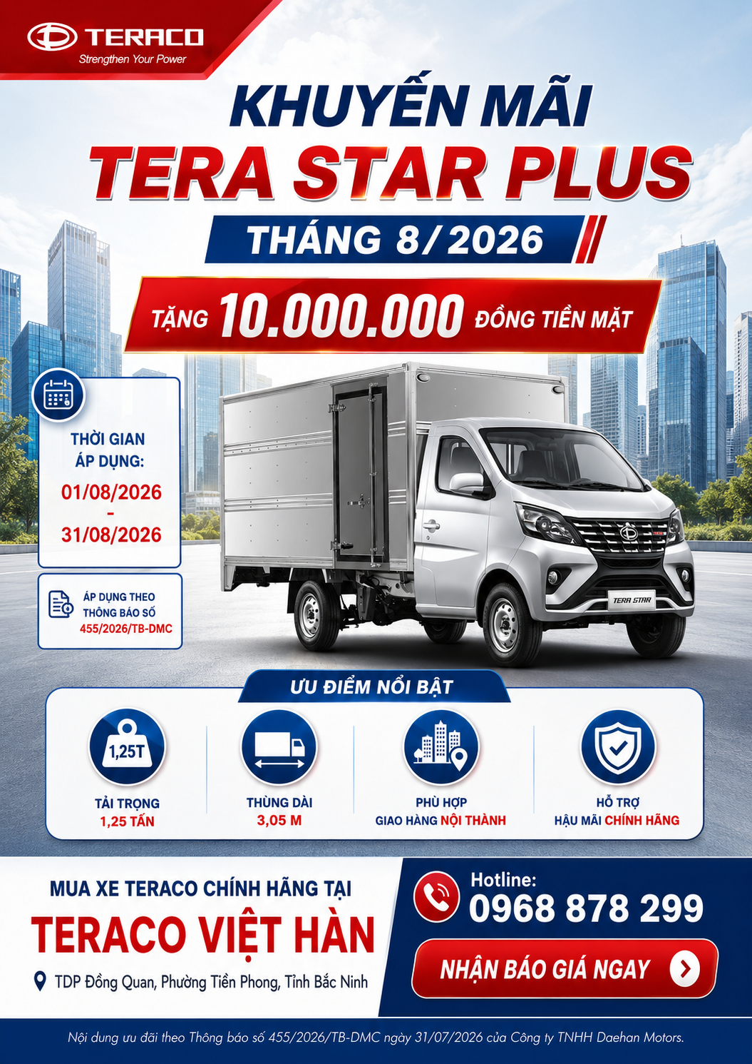 Xe Tera Star Plus – Xe tải 1,25 tấn thùng 3,1m phù hợp kinh doanh tại Bắc Giang, Bắc Ninh