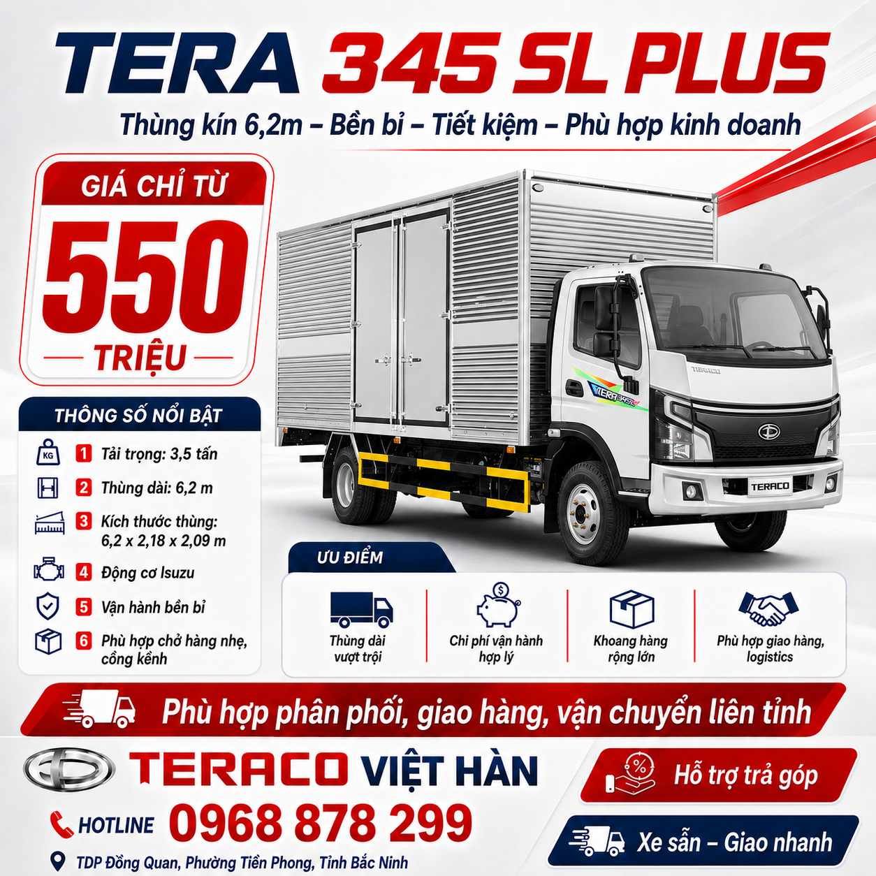 Xe Tải Tera 345 SL Plus Tại Bắc Giang, Bắc Ninh – Thùng Dài 6.3m, Tải Trọng 3.49 Tấn Giá Tốt