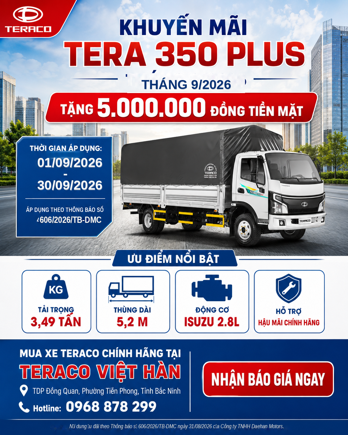 Tera 350 Plus – Xe tải 3.5 tấn thùng dài 5m2, tối ưu vận chuyển hàng hóa